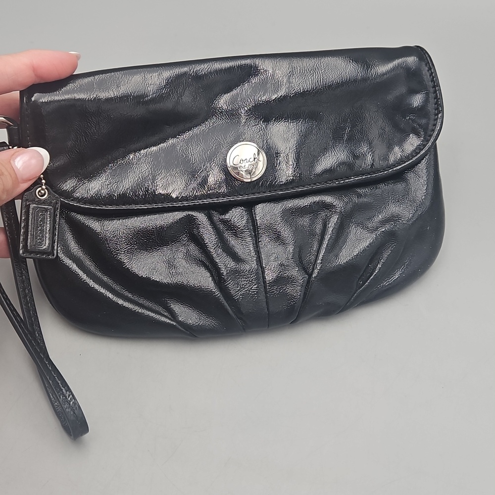 Coach Large Glossy Shiny Black Leather Wristlet Clutch